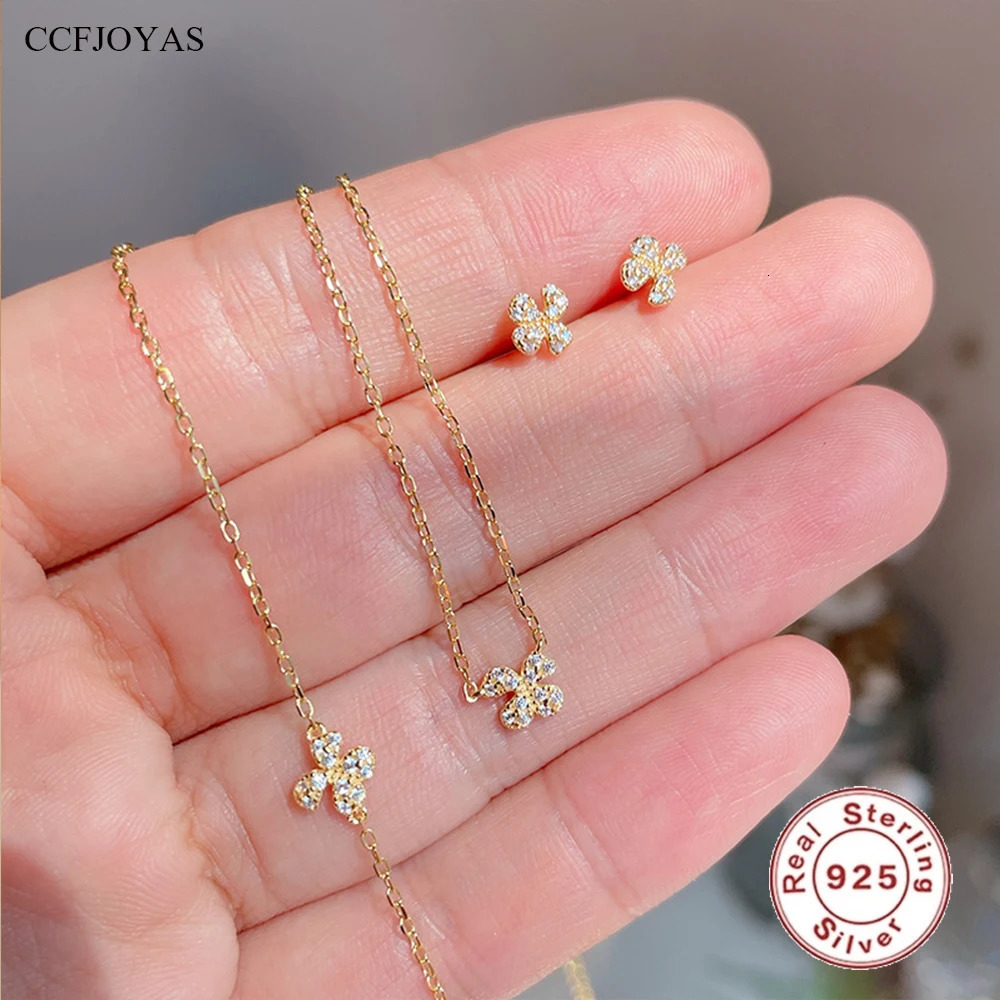 CCFJOYAS 100% 925 Sterling Silver Mini Flower Pendant Necklace Bracelet Earrings Set for Women 18k Gold Plated Fine Jewelry Set 250102