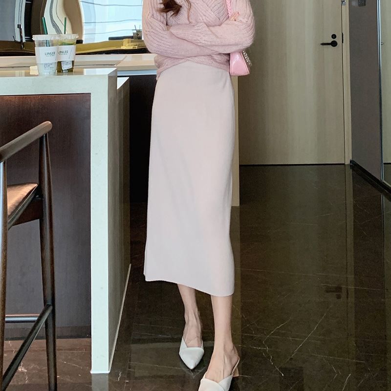 L11301 Knitted hip skirt women's spring fashion high waist slim wool mid-length skirt