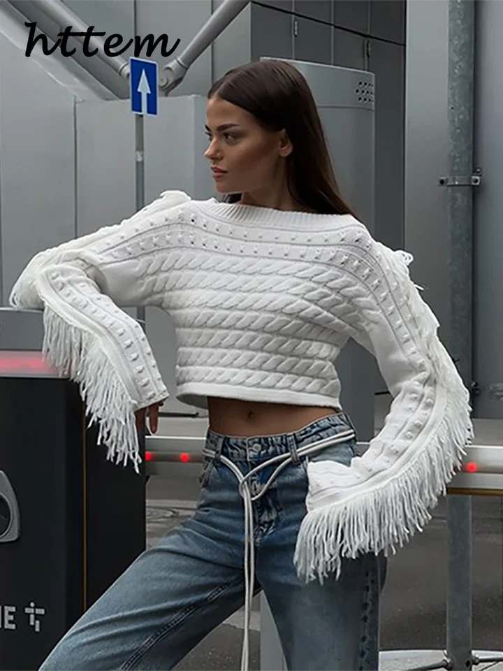 Sexy Tassels Off Shoulder Crop Twist Sweaters Women Solid Slash Neck Long Sleeve Pullover Autumn Lady High Street Sweater 250103