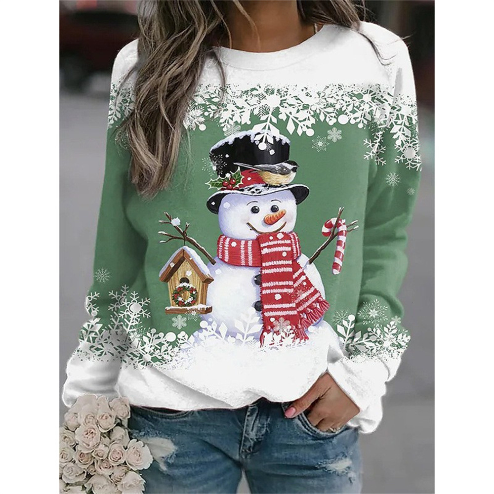2025 New Women's Snowman Printed Long Sleeved Casual Loose T-shirt Single Top
