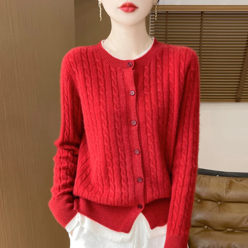 Autumn and winter 100% merino wool womens round neck color matching fake two cardigan loose twist cashmere sweater knit top 250103