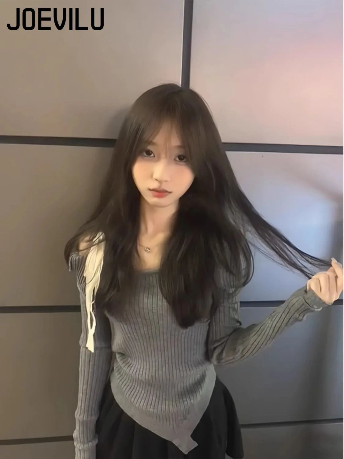 Off Shoulder Strap Pullover Sweater Long Sleeved Knitted Tops Female Slim Fit Lining Babes Korean Fashion Jumper Y2k Clothes 250103