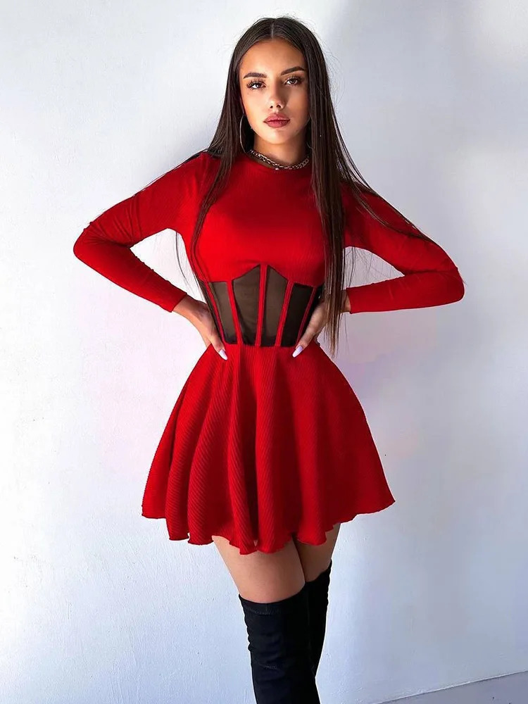 Ahagaga Fashion Solid Womens Mini Dresses ALine Knitted Sheer Slim Fit Long Sleeves Bodycon ONeck Party Streetwear Vestidos 250103