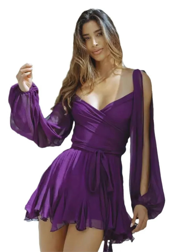 2024 Womens Solid Color Temperament Casual Mesh Long Sleeved Fashionable Strap Backless Slim Fit Short Dress 250103