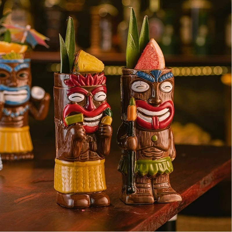 Hawaiian Style Brown Tiki Mug Creative Cocktail Mug Cup Zombie Ceramic Tiki Mug Drinkware Cup Mug For Tiki Bar Party 250106
