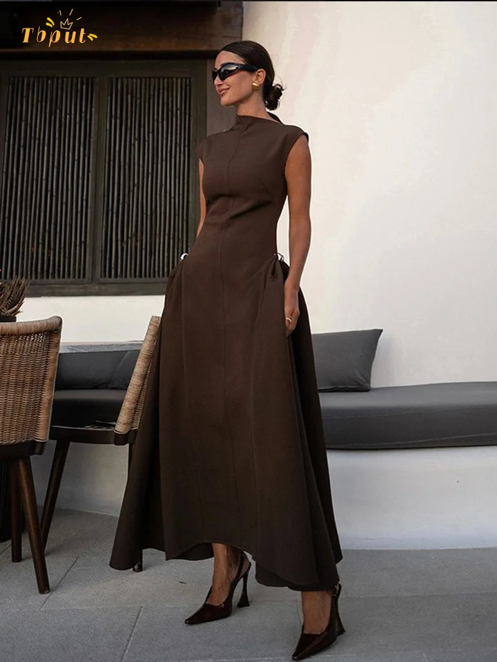 Sleeveless Fashion Solid Color Womens Aline Dress Elegant High Waisted Round Neck Long Robes Female Evening Party Vestidos 250103