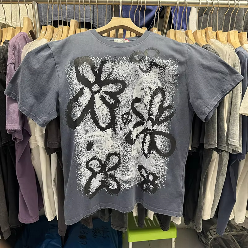Graffiti Style Cotton Oversized T Shirt Floral Pattern Vintage Wash Grey T-shirt Summer Tops