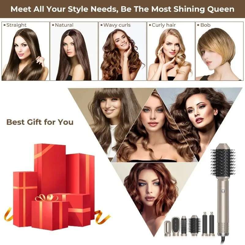 6 in 1 Brush Frizz-Free Blow for Fast Drying Multi Styler with Auto-Wrap Curlers Negative Ionic Hair Dryer
