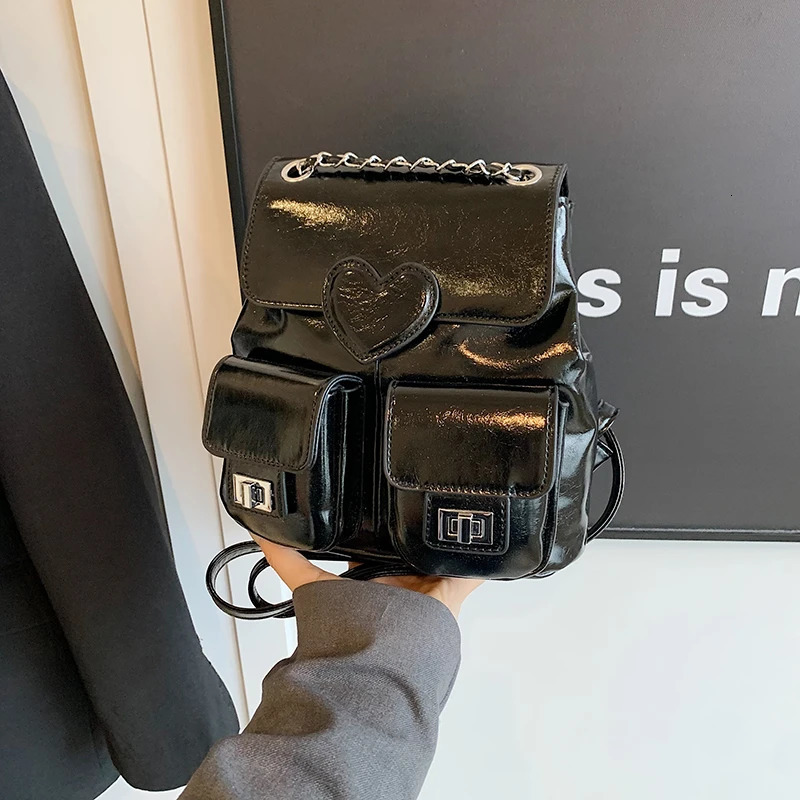 Stylish Bright Silver PU Backpack Solid Heart High Quality Versatile Two-purpose Shoulder Bags for Women Fashion Chains Bag 250102