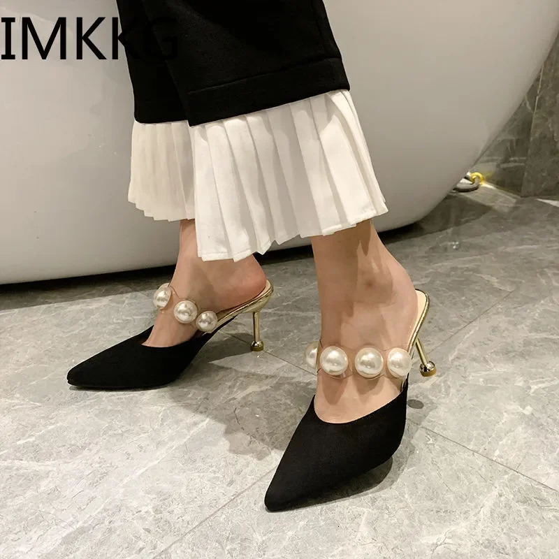 Pearl Black Sandals Women Summer Autumn Shoes Woman Thin Heels Womens Outdoor High Heels Woman mules 250103