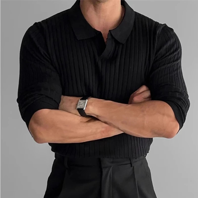 Autumn Mens Light turn-down collar Knitted Polo Shirt Solid Color Long-sleeved Pullover Leisure Knitwear Streetwear 241224