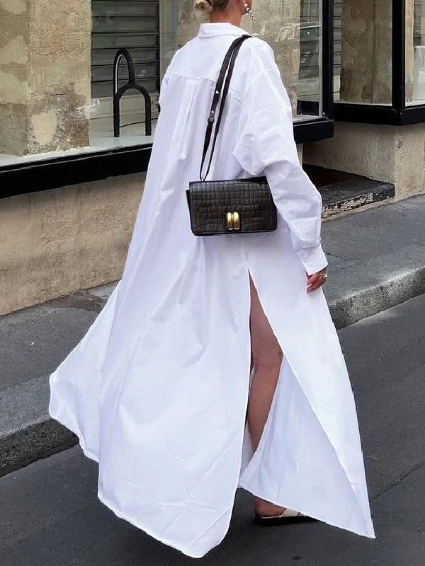 Krisstargirls White Maxi Dresses for Women Spring Summer Clothing Split-side Woman Simple Casual Buttoned Long Shirt Dress 250103