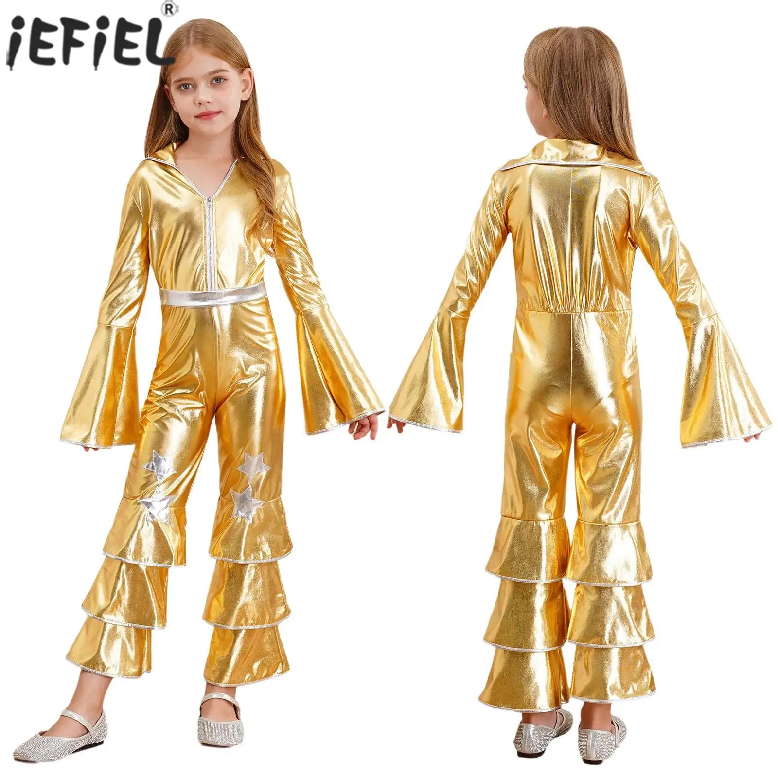Kids Girls 70s Disco Dance Vintage Jumpsuit Metallic Shiny Flare Sleeve Ruffle Bell Bottom for Halloween Theme Party Cosplay 241230z