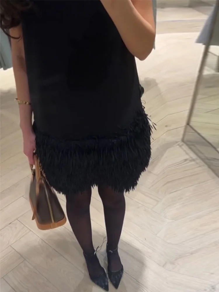 Black Feather Women Dresses Set Patchwork Straight Female Pant Winter Sleeveless Oneck Zipper Lady Suits 2 Pieces 250103