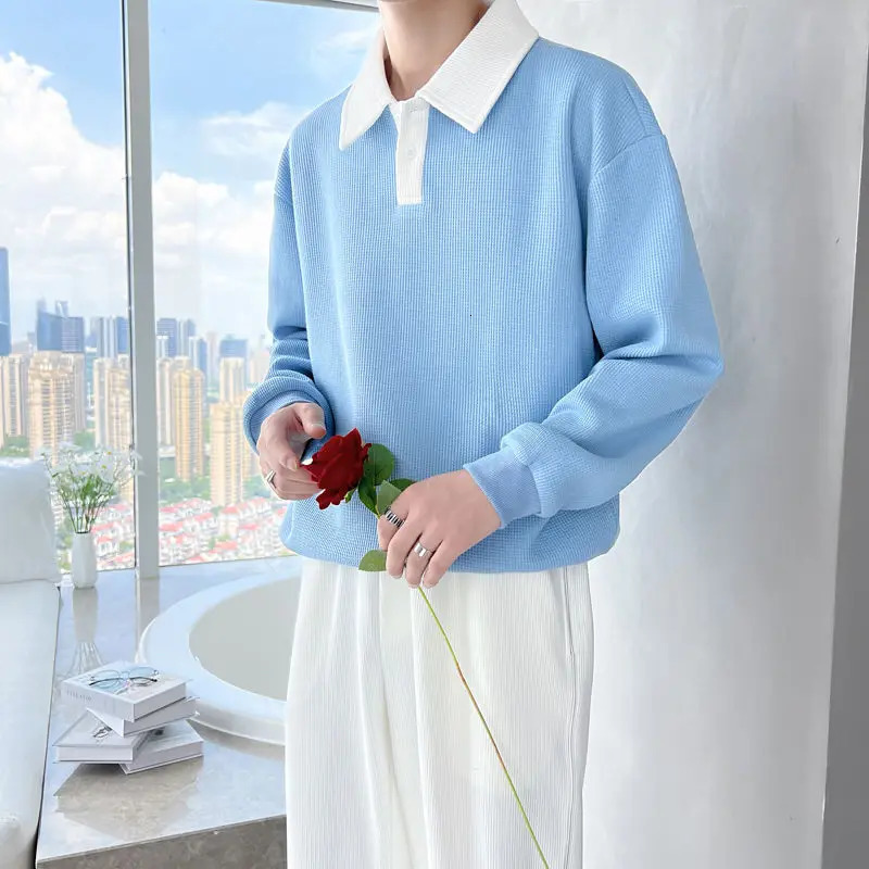 Autumn and Winter Fashion Polo Neck Solid Color Mens Clothing T-shirt Long Sleeve Floral Korean Embroidery Chaopai Youth Top 250103