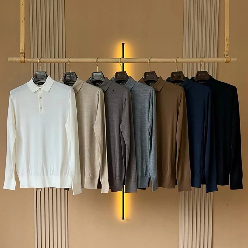 Handmade Winter Cashmere Solid Color Mens Casual Long Sleeve Knitted Polo Shirt 250103
