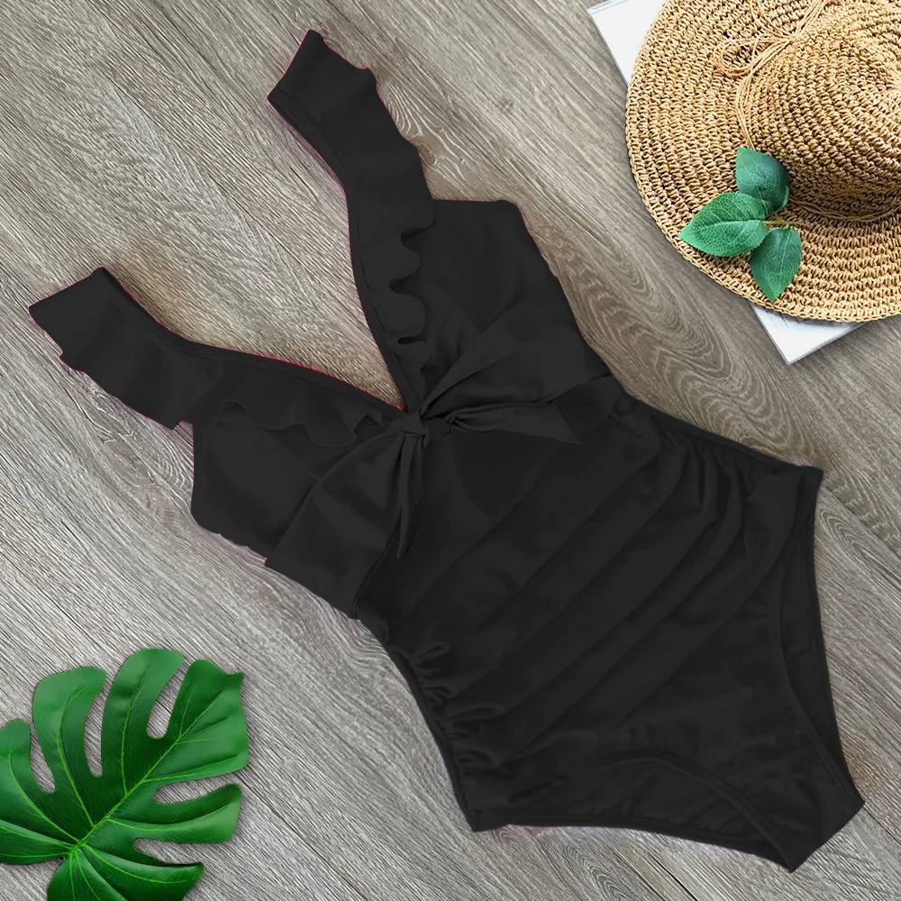 Sexy Ruffle One Piece Swimsuit Off The Shoulder Swimwear Women DeepV Bathing Suits Beach Wear Swim Suit 250106