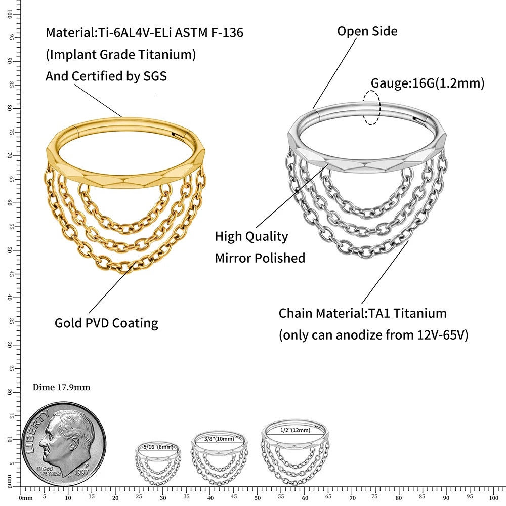 Right Grand ASTM F136 16G Triple Chained Hinged Segment Helix Conch Hoop Ring Faceted Cut Septem Clicker Body Jewelry 250103
