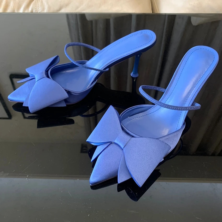 Fashion Bow knot High Heels Sandals Women 2024 Summer Slingback Pumps Vintage Satin Pointed Toe Heeled Elegant Party Lady Shoes 250103