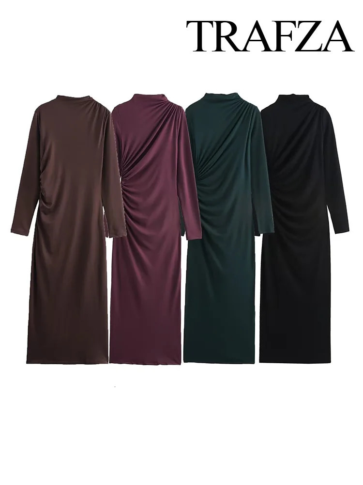 TRAFZA Woman Autumn High Street ONeck Long Dresses Sleeve Pleated Decoration Female Solid Back Zipper Mini Dress Trendy 250103