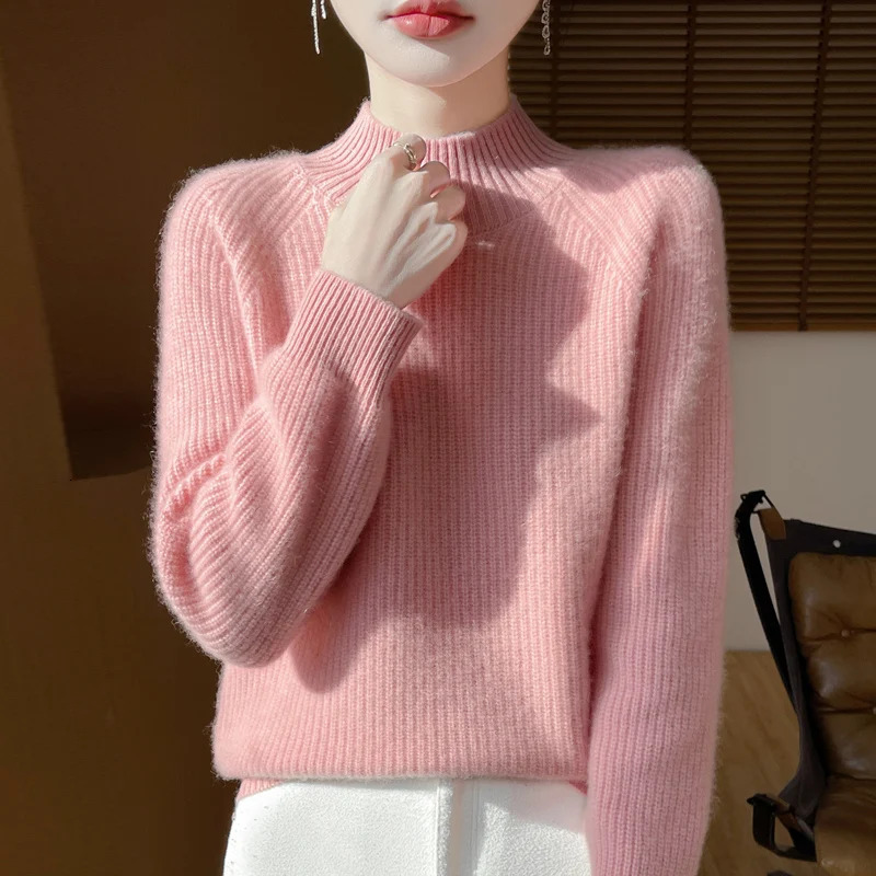 Autumn and winter 100% pure wool womens semihigh neck pullover European loose padded knit bottoming shirt 250103