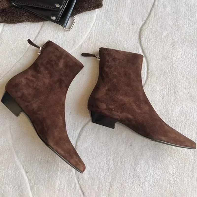 Flats Ankle Boots Suede Warm Women Shoes Winter Square Toe Casual Chelsea 2025 Trend Low Heels Snow Boots Mujer Zapatos 250106