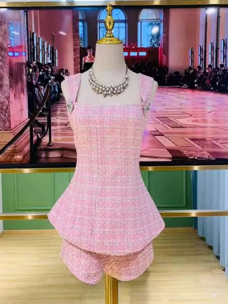 Pink Tweed Suit Jacket Autumn Winter New High Quality Dia Buckle Splicing Slim Elegant Commuter Coat Backless Bow Set Women