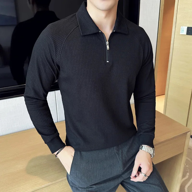 Mens high elasticity long sleeved polo shirt autumn and winter knitted floral collar slim fit solid casual T-shirt 250103