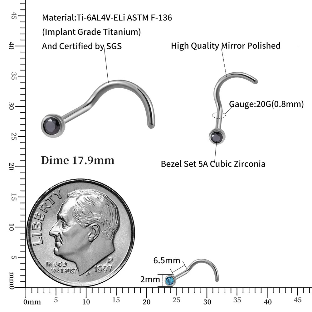 5pcs/lot Right Grand Implant Grade ASTM F136 Bezel Set Zirconia Curved Nose Screw 20 Large Gauge 250103
