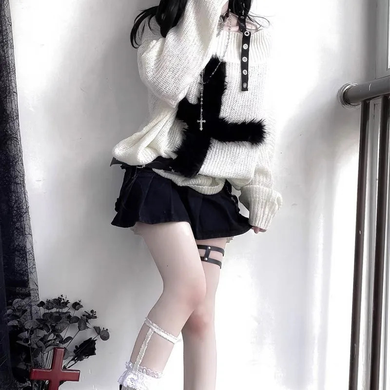 Karrram Harajuku Punk Knitwear Women Off Shoulder Belted Thin Sweater Cross Fur Patch Autumn Loose Gothic Y2k Pullover 250103