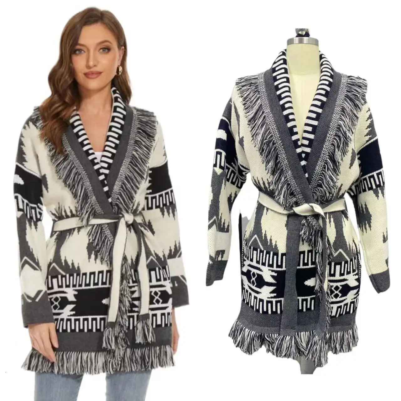 Fashion Bohemian Winter Womens Jacquard Pattern Cashreme Wool Cardigan Tassel Oversize Sweater Female Coat 250103