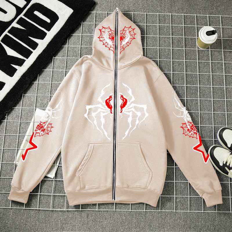 Goth Y2k Streetwear Printing Spider Zip Up Clothes Haruku Long Sleeve Anime Oversize Hoodie Men Women
