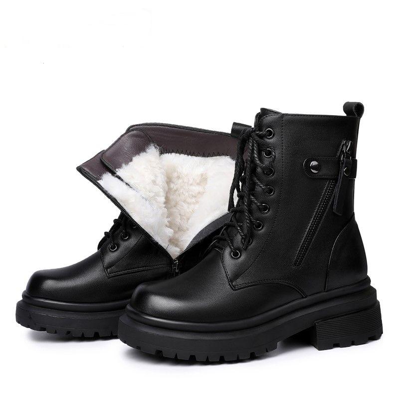 2025 New Winter Large Size Genuine Leather Snow Anti-Slip Fashion Natural Wool Women Combat Boots EU35-42