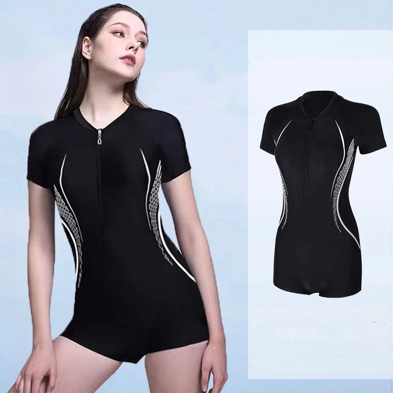 Women One Piece WaterProof Athletic Sun Protection Beach SwimWear Short Sleeve QuickDrying Bathing Surfing SwimSuit 250106