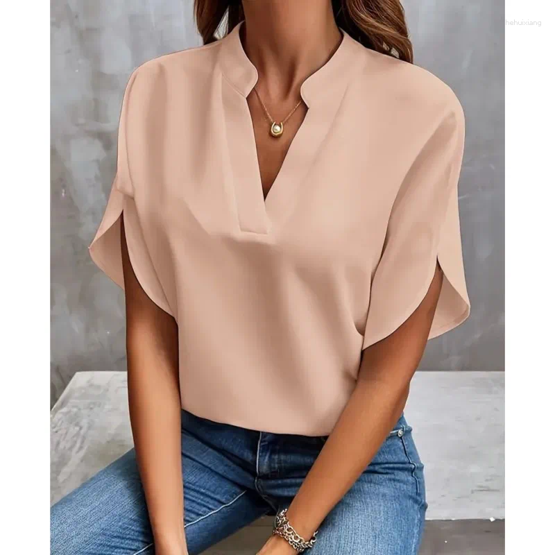 Women's Blouses 2025 Summer Pullover Casual Fashion Elegant Solid Color V-Neck Short Sleeve Loose Ribbed Top For Women