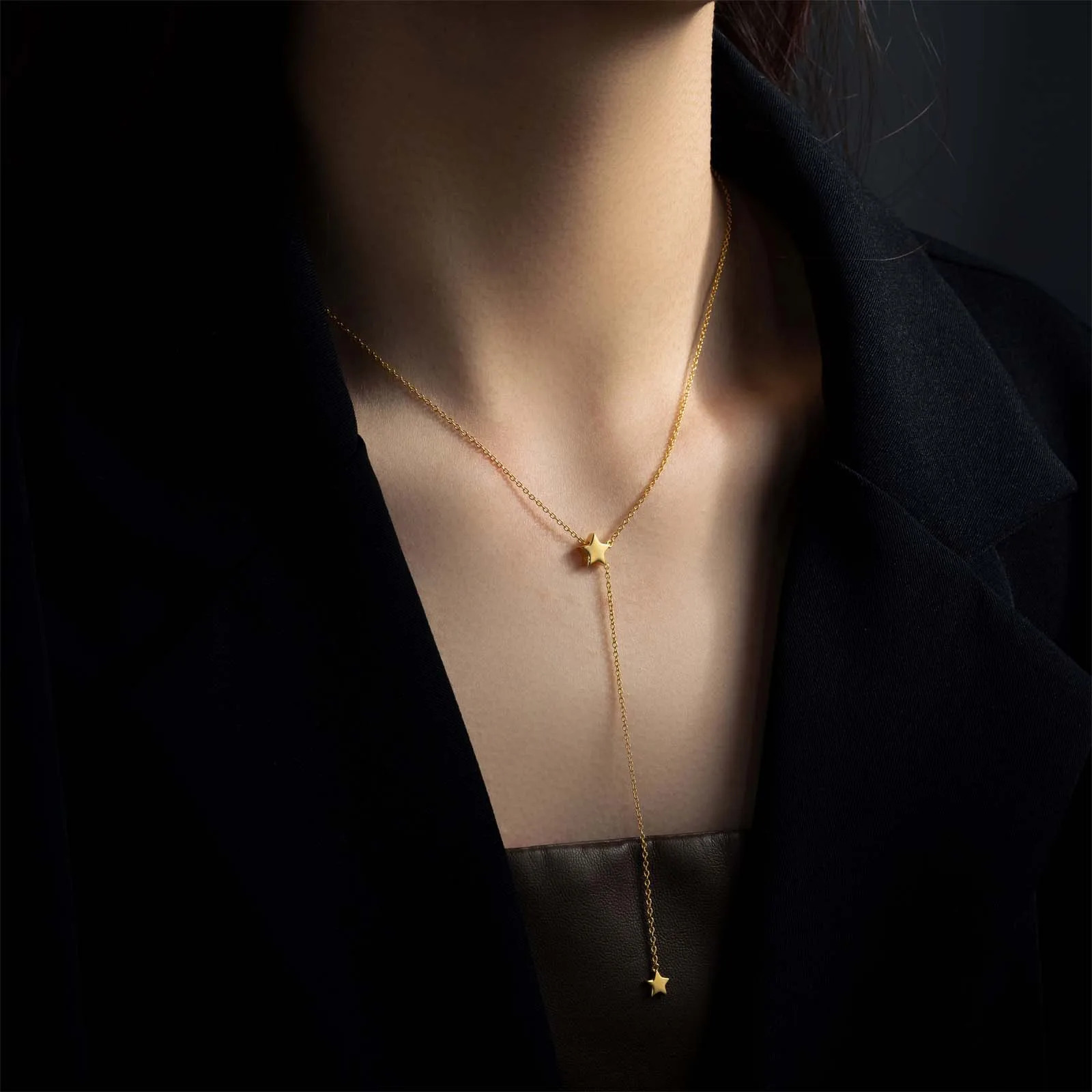 ANDYWEN 925 Sterling Silver Gold Plain Star Pendant Adjustable Chain Slide Necklace 2024 Women Fine Jewelry 250106