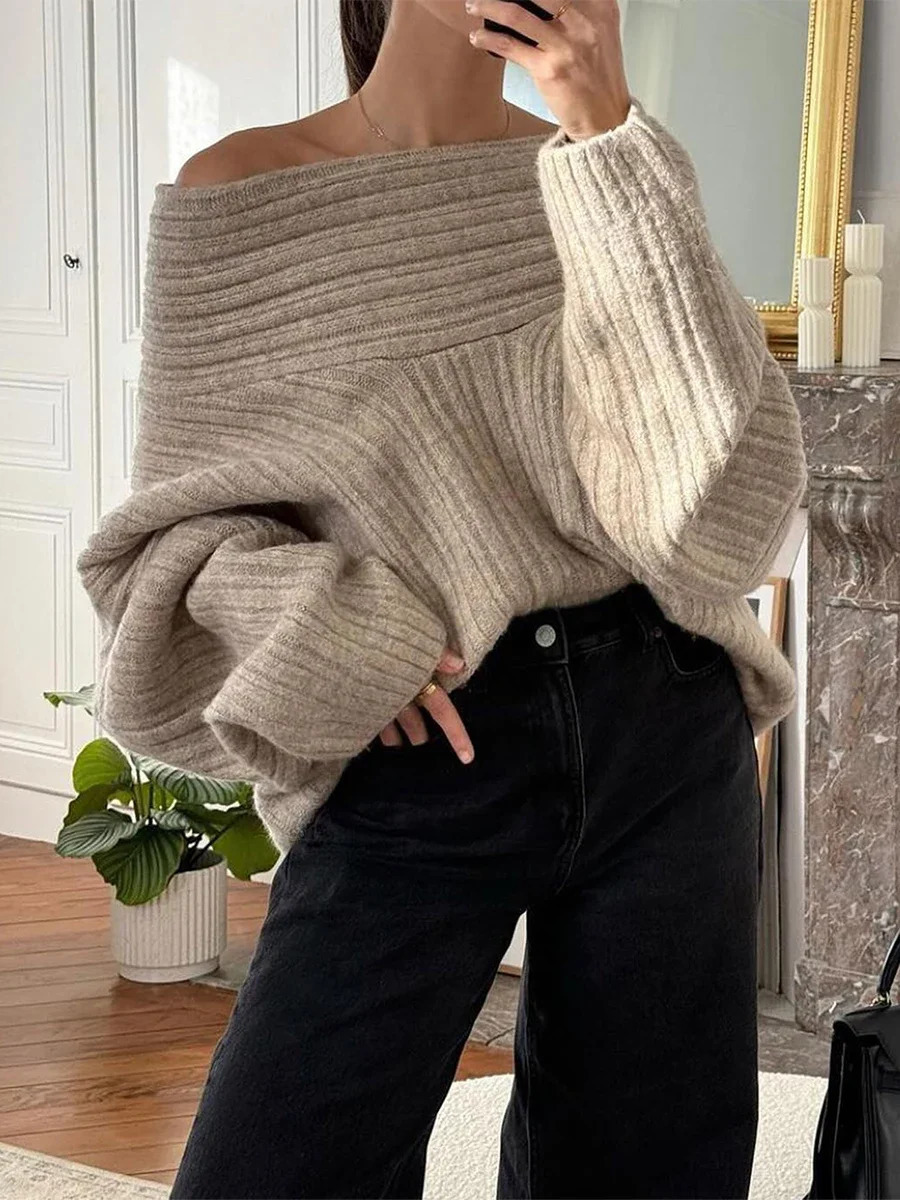 Women Loose Knit Autumn Winter Warm Sweater Solid Color Long Sleeve Boat Neck Off Shoulder Pullovers Female Jumpers Tops Coat 250103