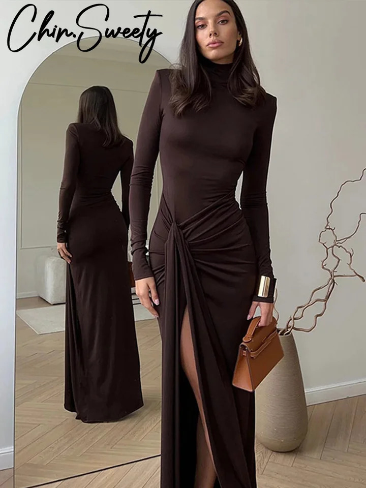 Turtleneck Thigh High Split Sexy Maxi Dress For Women Slim Full Sleeve Bodycon Long Lady Evening Robes 250103