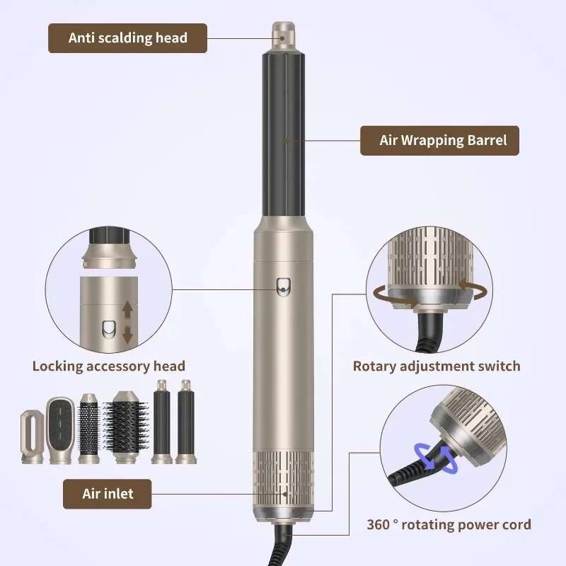 6 in 1 Brush Frizz-Free Blow for Fast Drying Multi Styler with Auto-Wrap Curlers Negative Ionic Hair Dryer