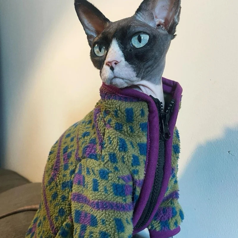Sphyinx Cat Autumn and Winter Austrian Fleece Warm Green Jacket Zip-up Cardigan Cat Clothes Thick Purple Coat for Devon Rex 250106