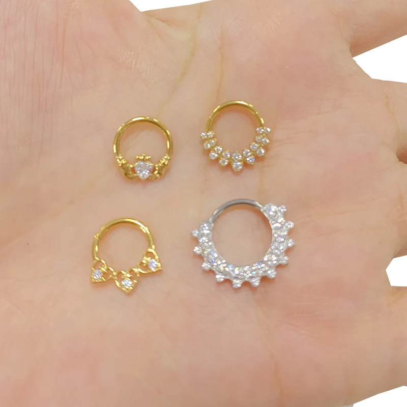 ASTM F136 EAR PIERC Fan-shaped and Heart CZ Hoop Nose Rings Hinged Clicker Labret Tragus Ring Body Piercing Jewelry 250103