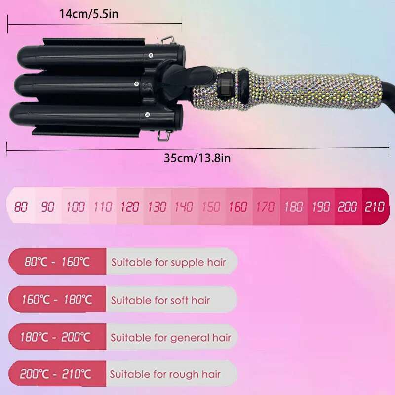 Curg Weave Iron Wand with Rhies Three Barrel LCD Temperature Display 1 Inch Ceramic Triple Barrels Crimp for Long Hair