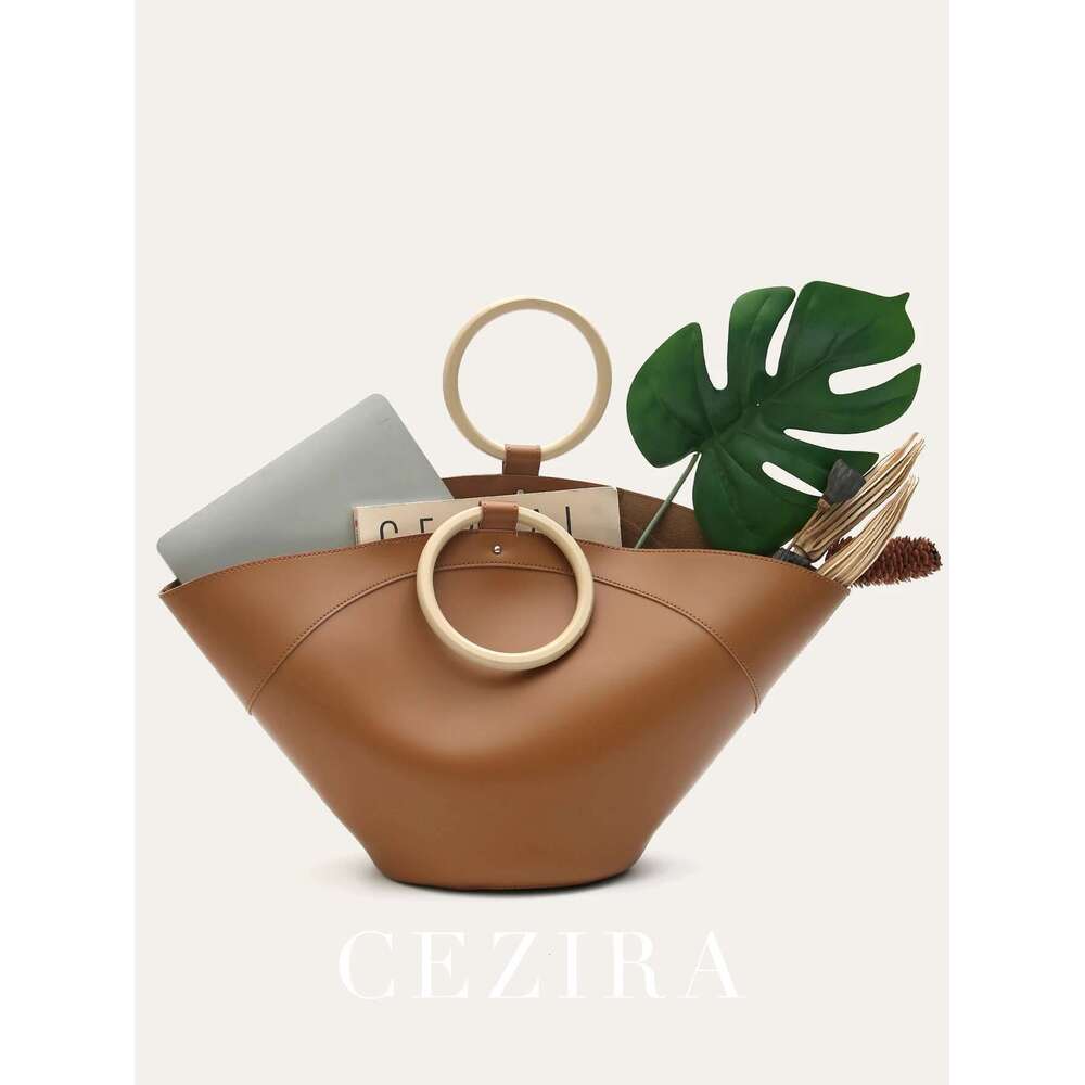 Women's Minimalist Style PU Vegan Leather Tote Fashion Oversized Double Round Wooden Handles Large Capacity Handbag Daily Purse