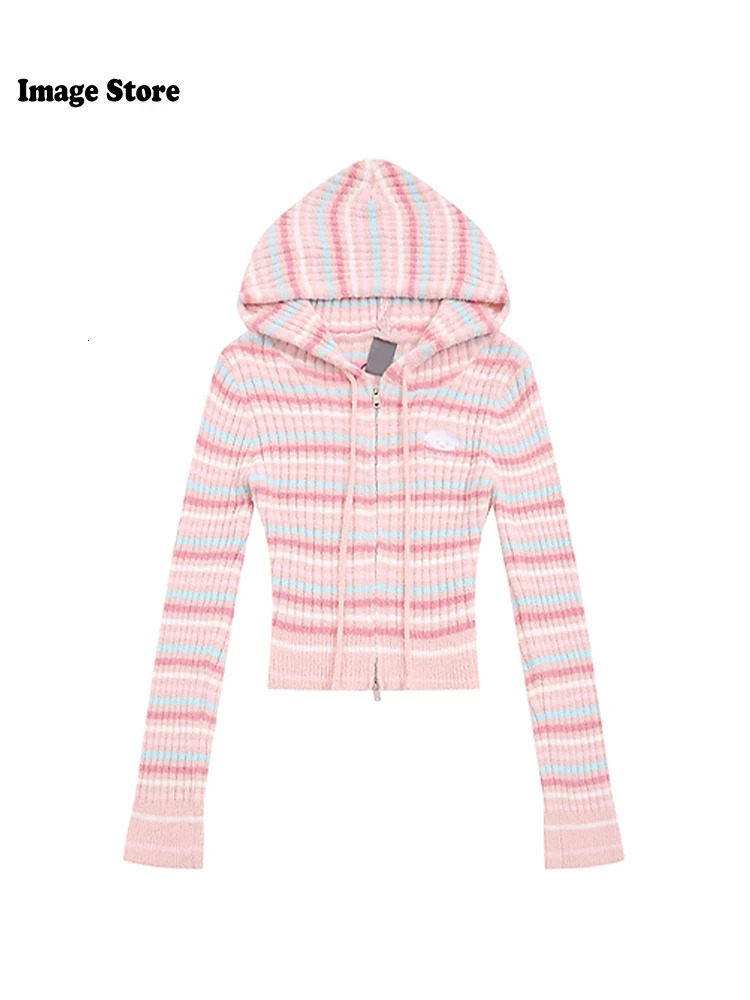 Autumn Winter Woman Korean Fashion Sweet Striped Hoodie Sweater Knitwears Long Sleeve 2000s Aesthetic Y2k Cute Core Colorful 250102