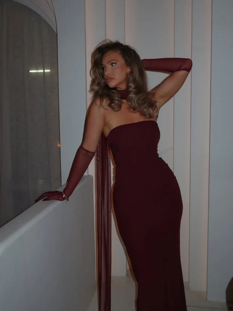 Elegant Strapless Long Dress Woman Mesh Sleeve Scarf Christmas Bodycon Backless Womens Dresses Party Evening Vestidos 250103
