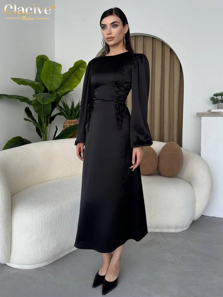 Clacive Fashion Ultra Thin Black Satin Womens Dress 2025 Bodycon O-Neck Long Sleeve Midi Dress Elegant Classic Bandage Womens Dress 250103