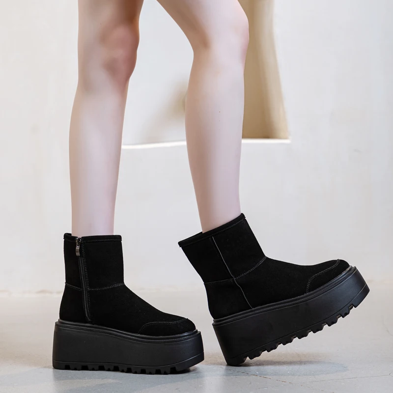 AIYUQI Snow Boots Women Platform Winter High Heel 8cm Warm Women Ankle Boots Simple Genuine Leather Women Booties