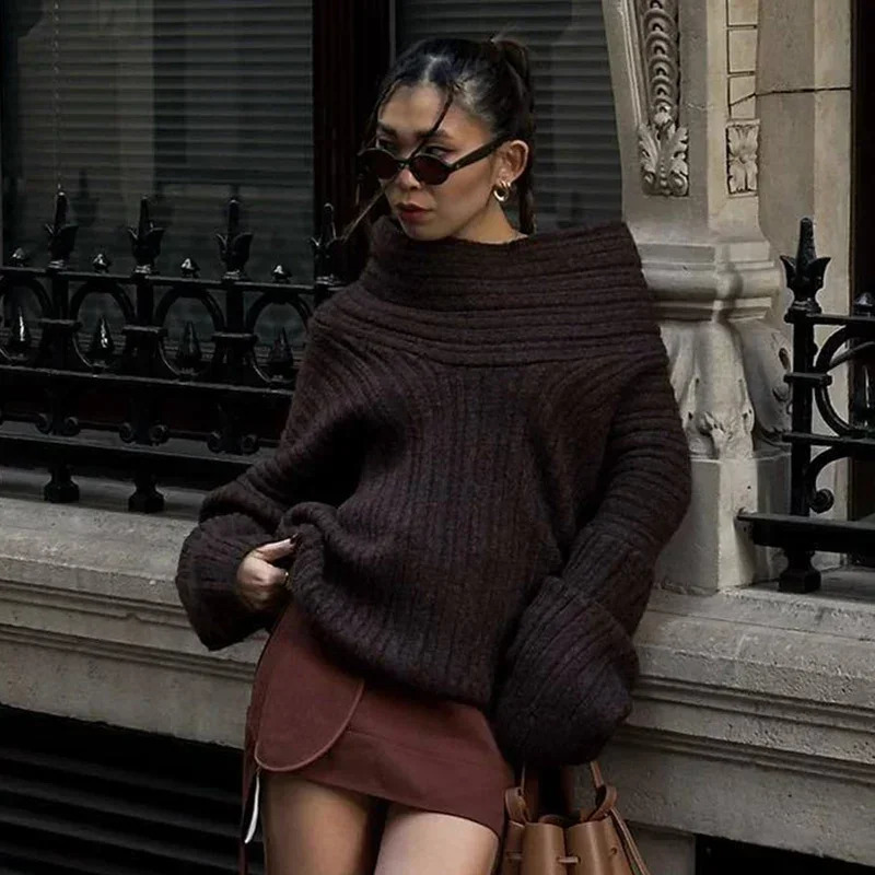 Trendix Long Sleeve Knit Sweater Women Autumn Winter Oversized Off Shoulder Pullover Street Fashion Vintage Loose Knitted Tops 250103