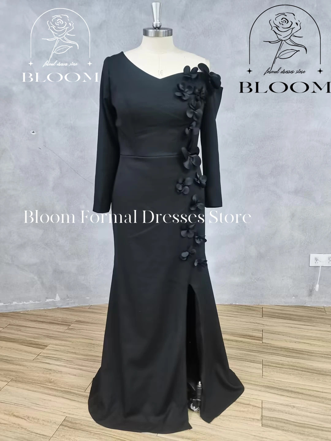 Customized single shoulder silk solid color 3D floral zipper long sleeved custom occasion dress 250103