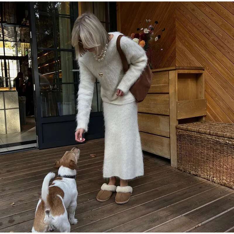 Women's Wear Dress Skirt Set Women Solid Mohair Cashmere Sweater Skirt Suit Fashion O Neck Long Sleeve Knit Pullover Set Autumn Chic Lady Street 